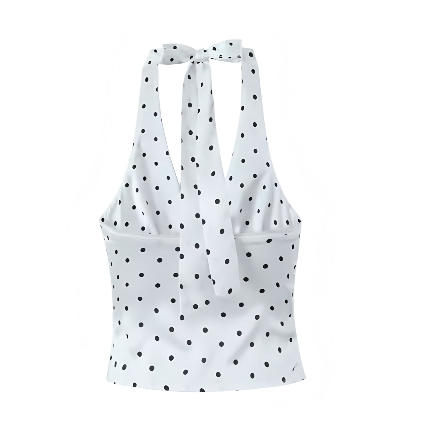 White & Black Polka Dot Satin V-Neck Sleeveless Halter Crop Top