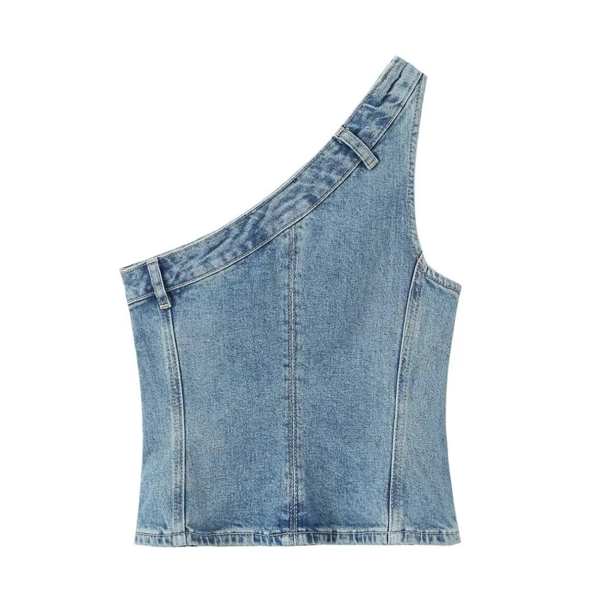 Light Wash Blue Faded Vintage Slim Fit Asymmetric Denim Tank Top