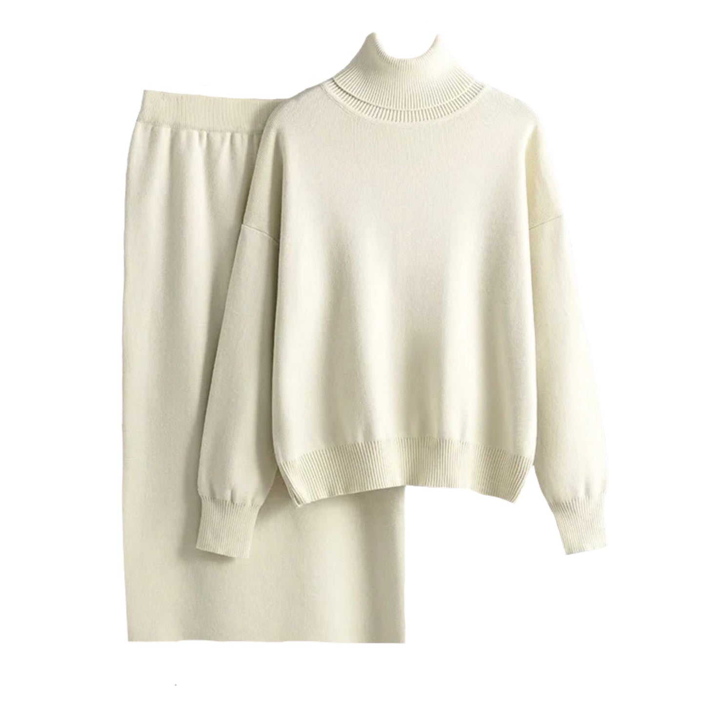 Beige Knit Turtleneck Long Sleeve Sweater & Maxi Skirt 2 Piece Set