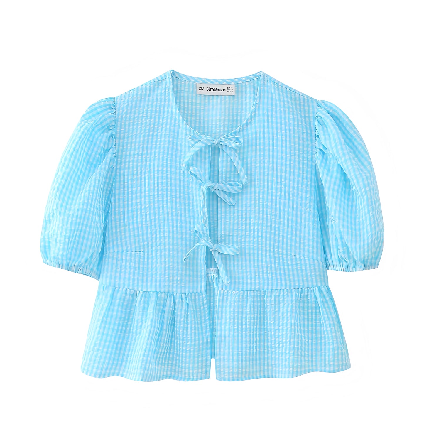 Light Blue Gingham Bow Lace Up Short Puff Sleeve Camisole Blouse Top