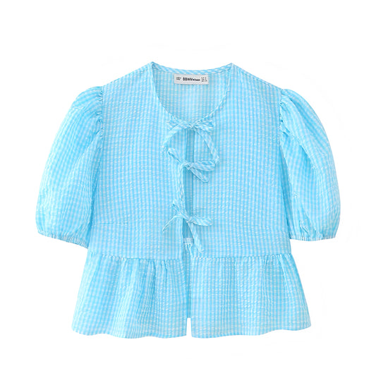 Light Blue Gingham Bow Lace Up Short Puff Sleeve Camisole Blouse Top