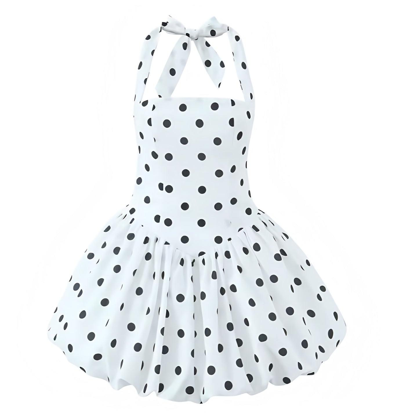White & Black Polka Dot Corset Drop-Waist Halter Mini Dress