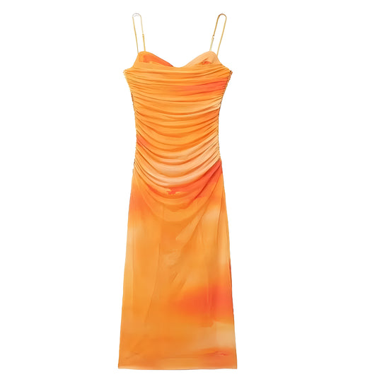 Orange Tie-Dye Patterned Bodycon Ruched Spaghetti Strap Maxi Dress
