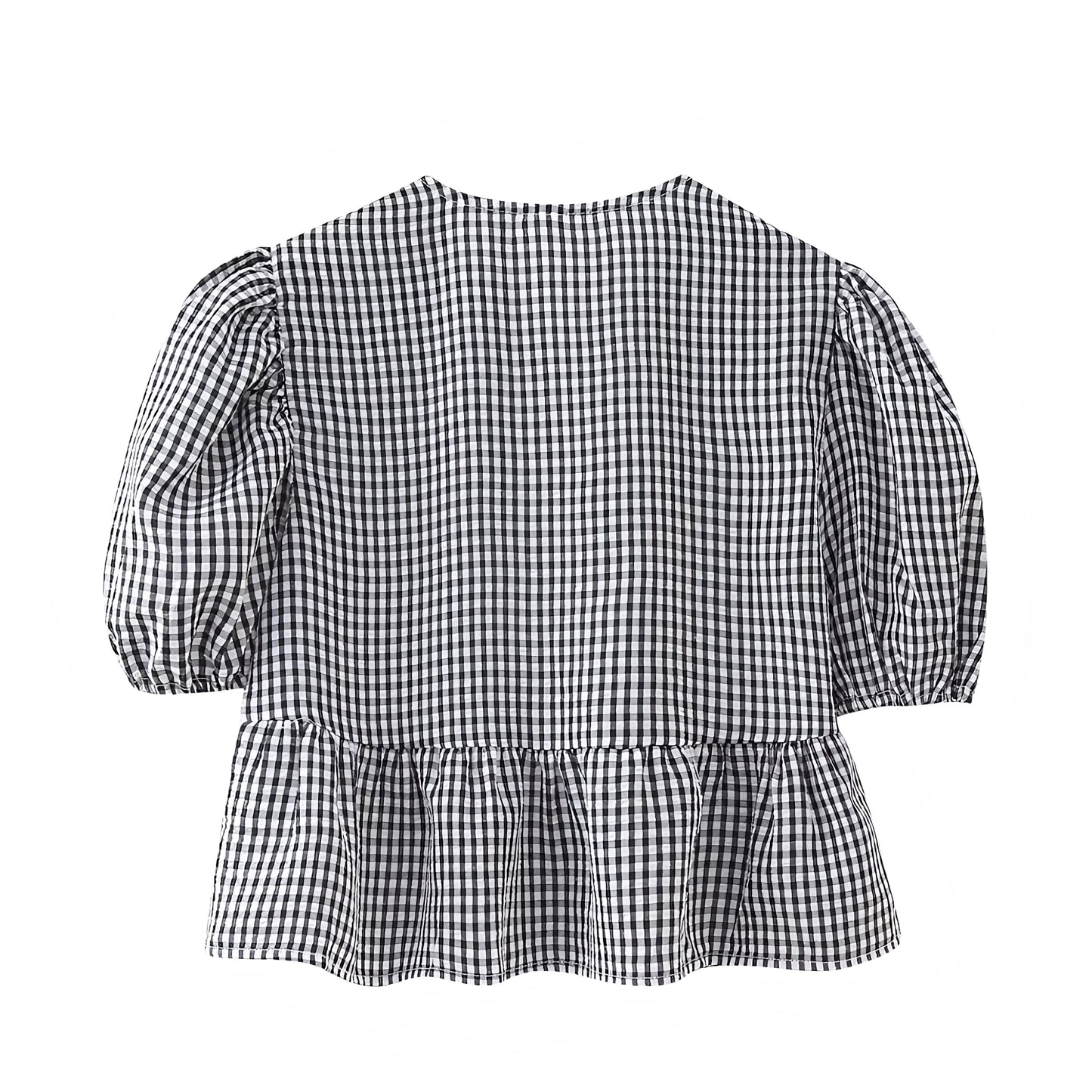 Black Gingham Bow Lace Up Short Puff Sleeve Camisole Blouse Top