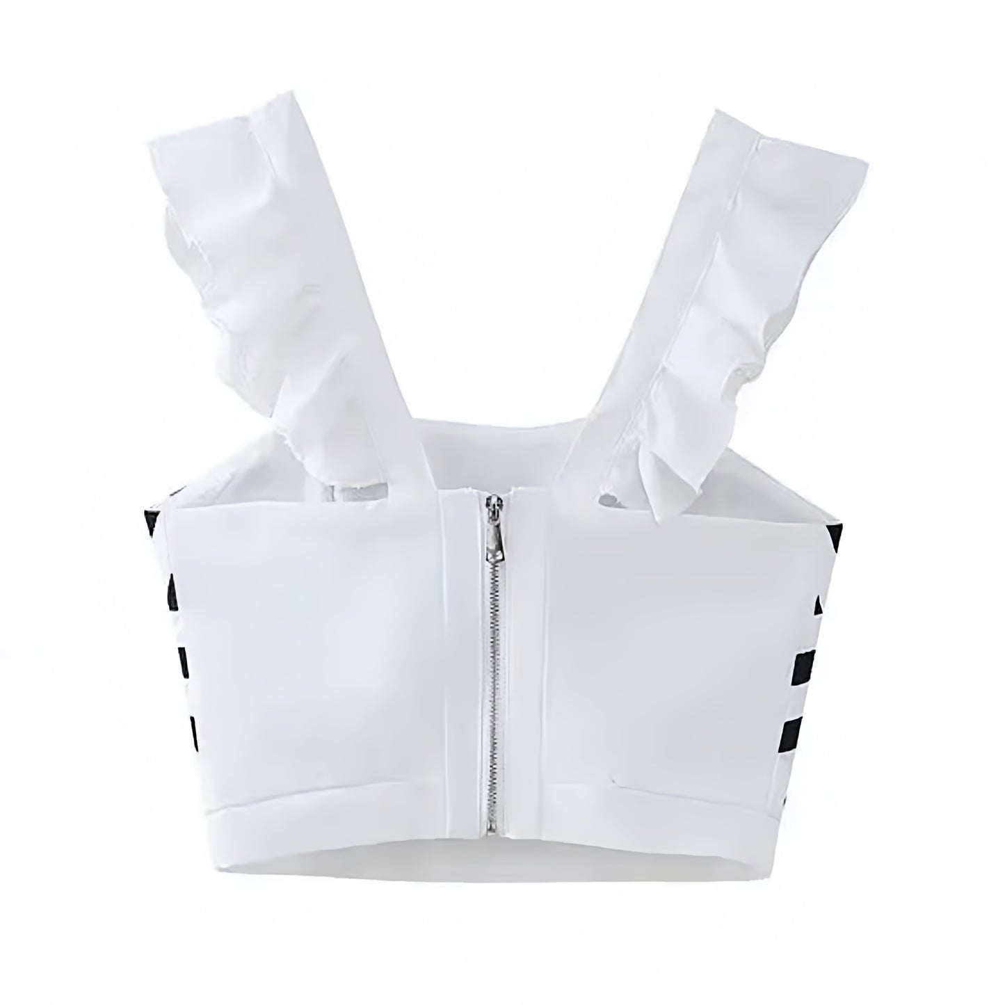 White & Black Patterned Slim Fit Ruffle Sleeve Crop Tank Top