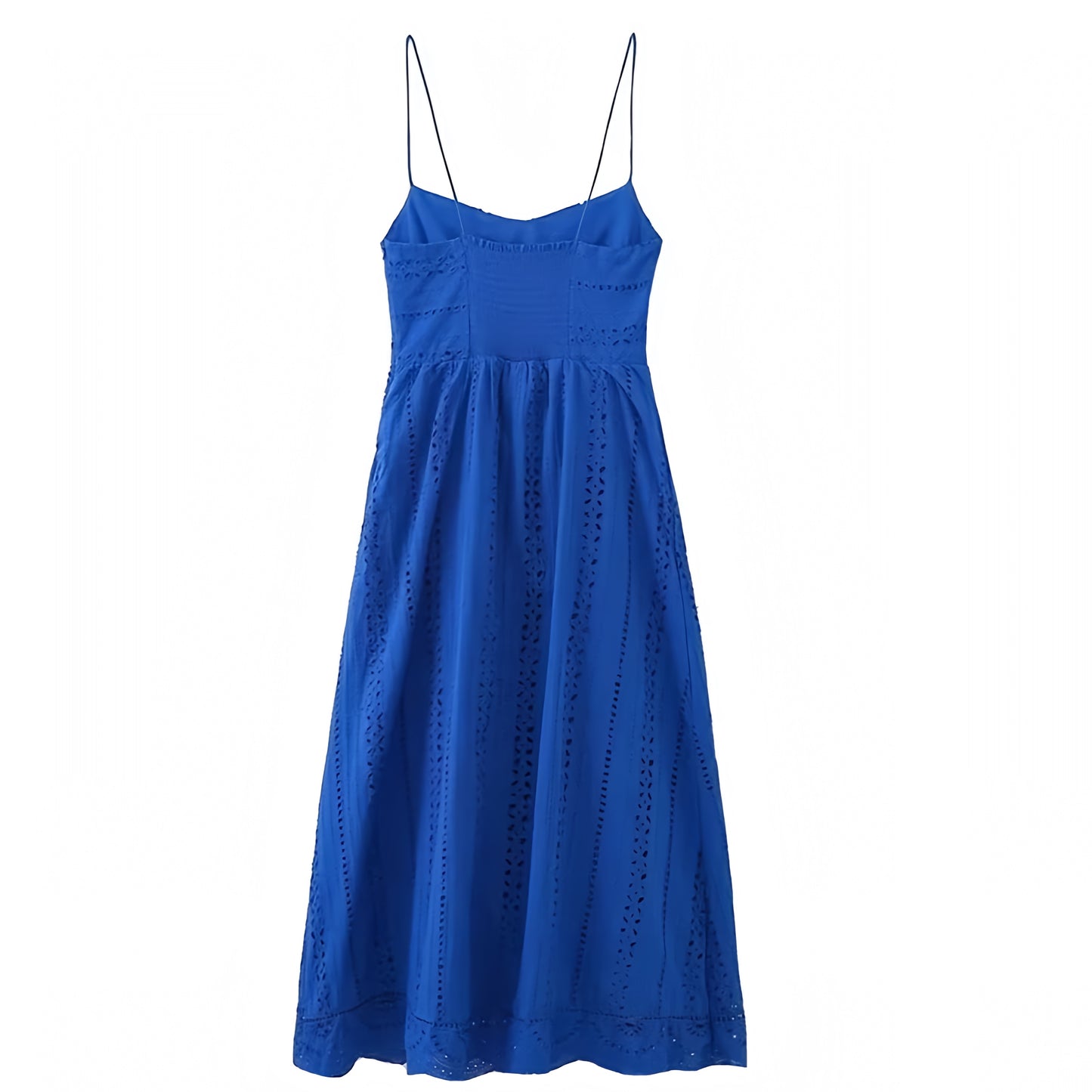 Dark Blue Eyelet Embroidered Spaghetti Strap Midi Dress