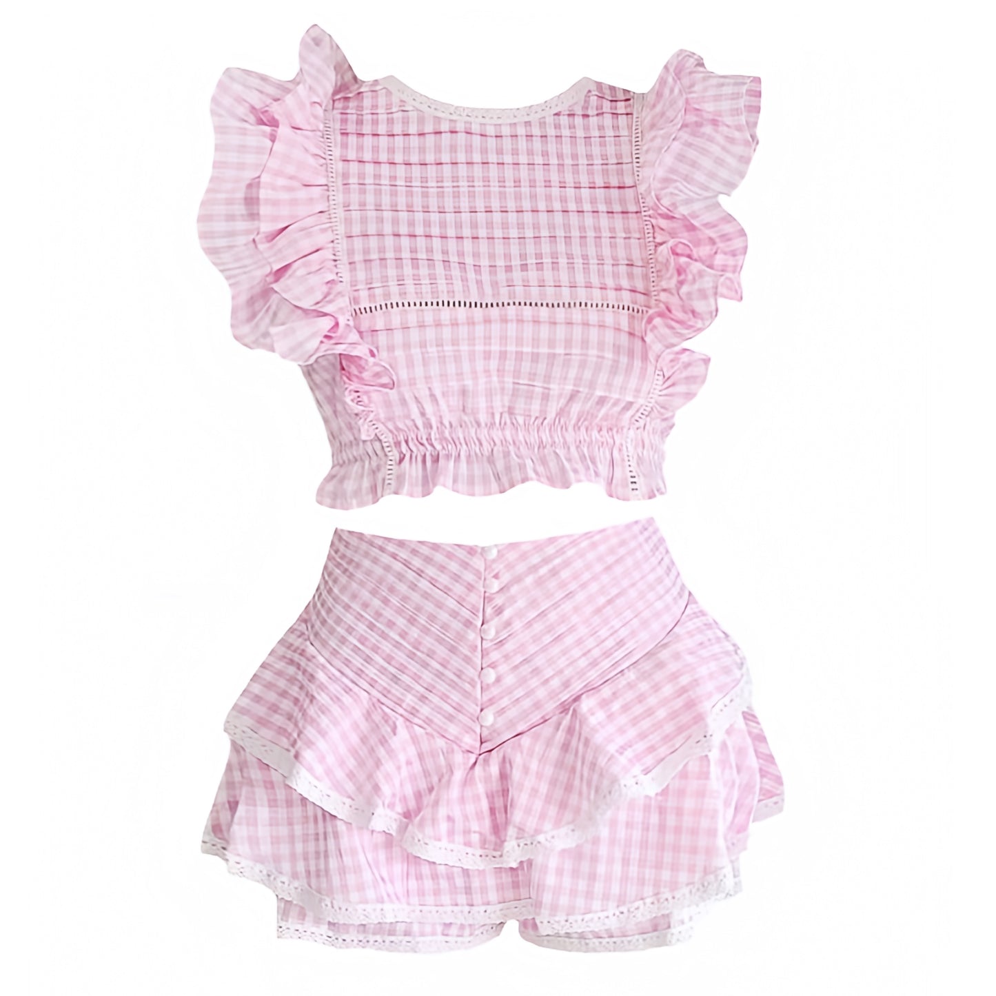 light-pink-white-gingham-checkered-plaid-striped-print-patterned-lace-embroidered-layered-ruffle-trim-slim-fitted-bodycon-fit-flare-round-neckline-short-puff-sleeve-top-blouse-and-mid-high-rise-mini-skirt-skort-two-piece-set-dress-women-ladies-chic-trendy-spring-2024-summer-elegant-casual-classy-semi-formal-feminine-prom-gala-preppy-style-wedding-guest-debutante-party-beach-wear-sundress-altard-state-revolve-loveshackfancy-hill-house-dupe