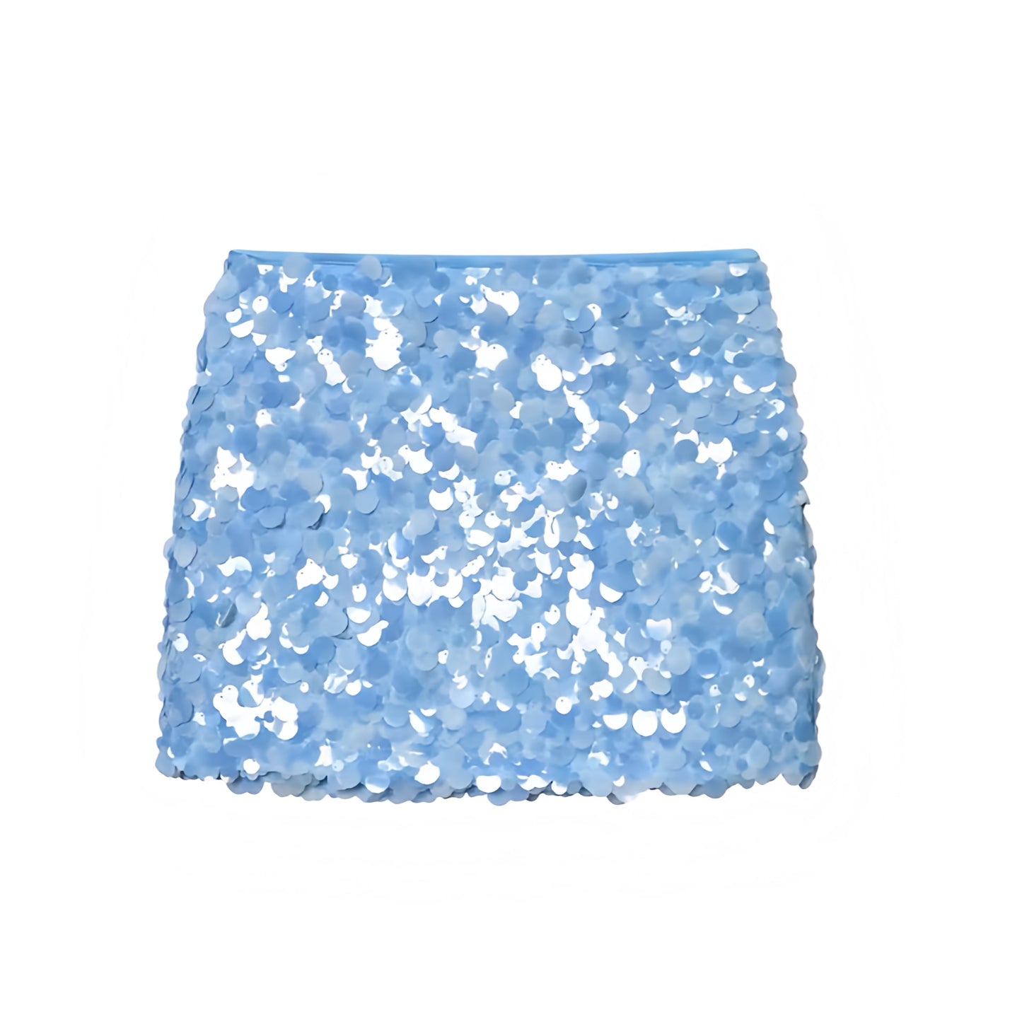 Light blue sequin embellished slim fit low-rise mini skirt, sparkly pencil/sheath short skirt for women/teens; feminine sexy Y2K it-girl that-girl Ibiza style festival rave concert Euro summer vacation party club chic boho bohemian trendy 2025. Ships worldwide to US, UK, EU, AU, Canada and more.