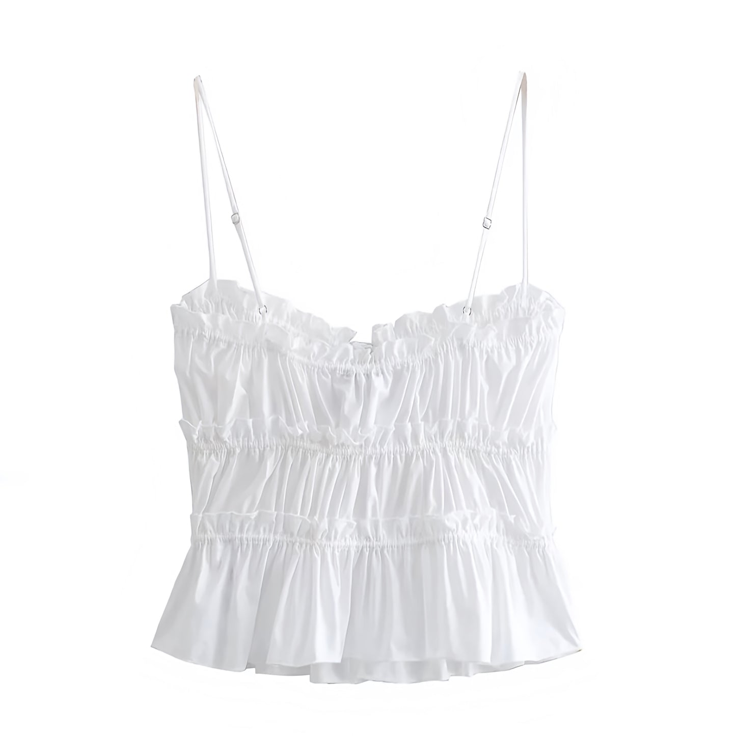 White Slim Lace-Up Corset Ruffle Trim Spaghetti Strap Crop Top