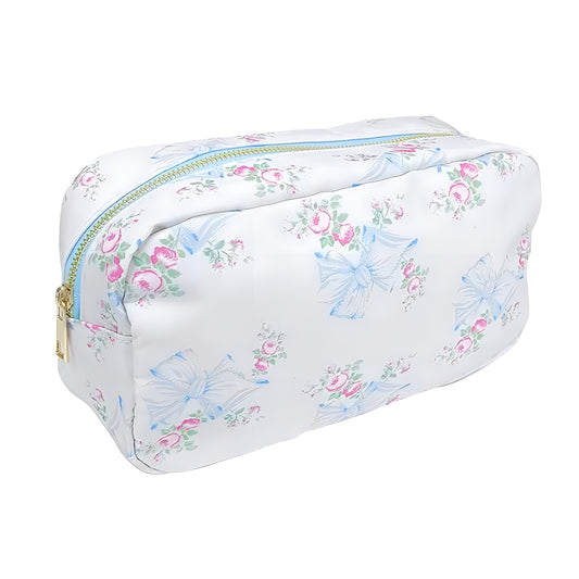 Blue Floral Bow Print Makeup Bag