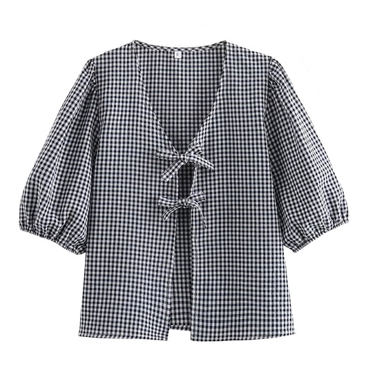 Black Gingham Bow Lace Up Short Puff Sleeve Blouse Top
