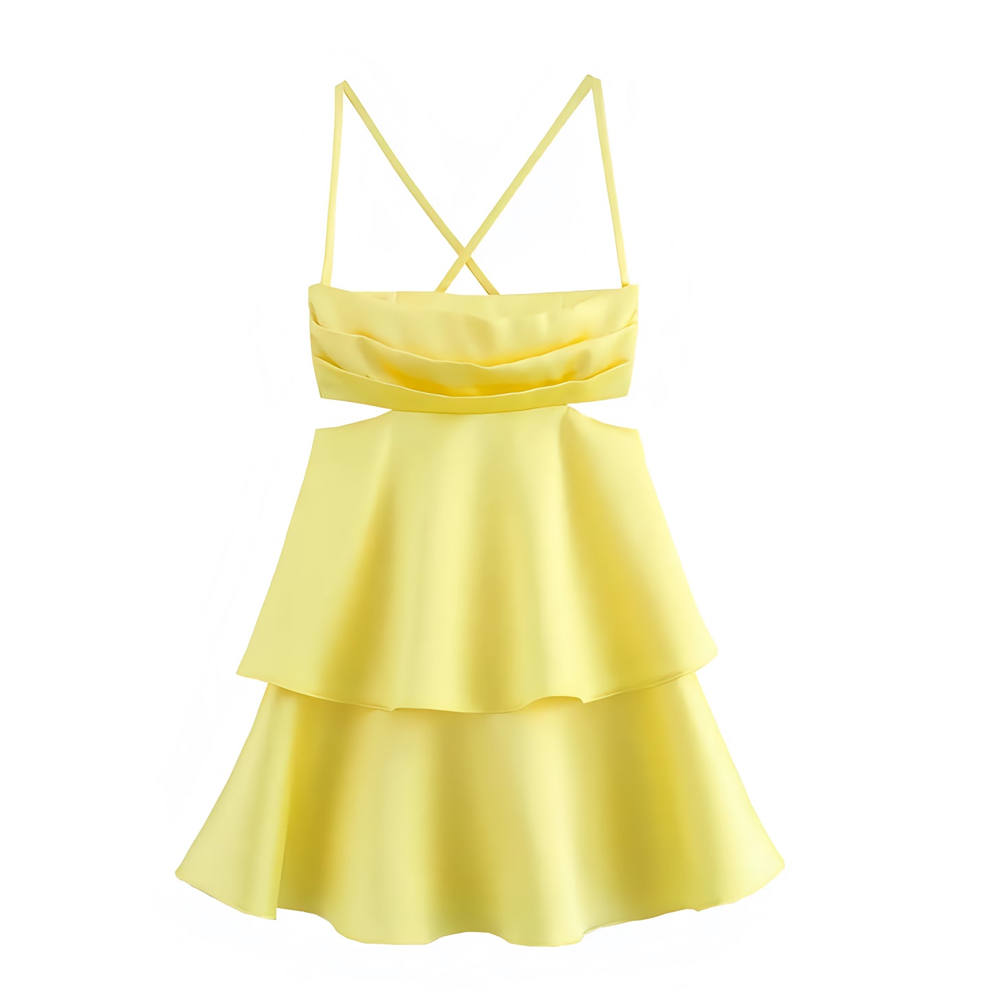 Yellow Tiered Ruffle Drop Waist Spaghetti Strap Backless Mini Dress