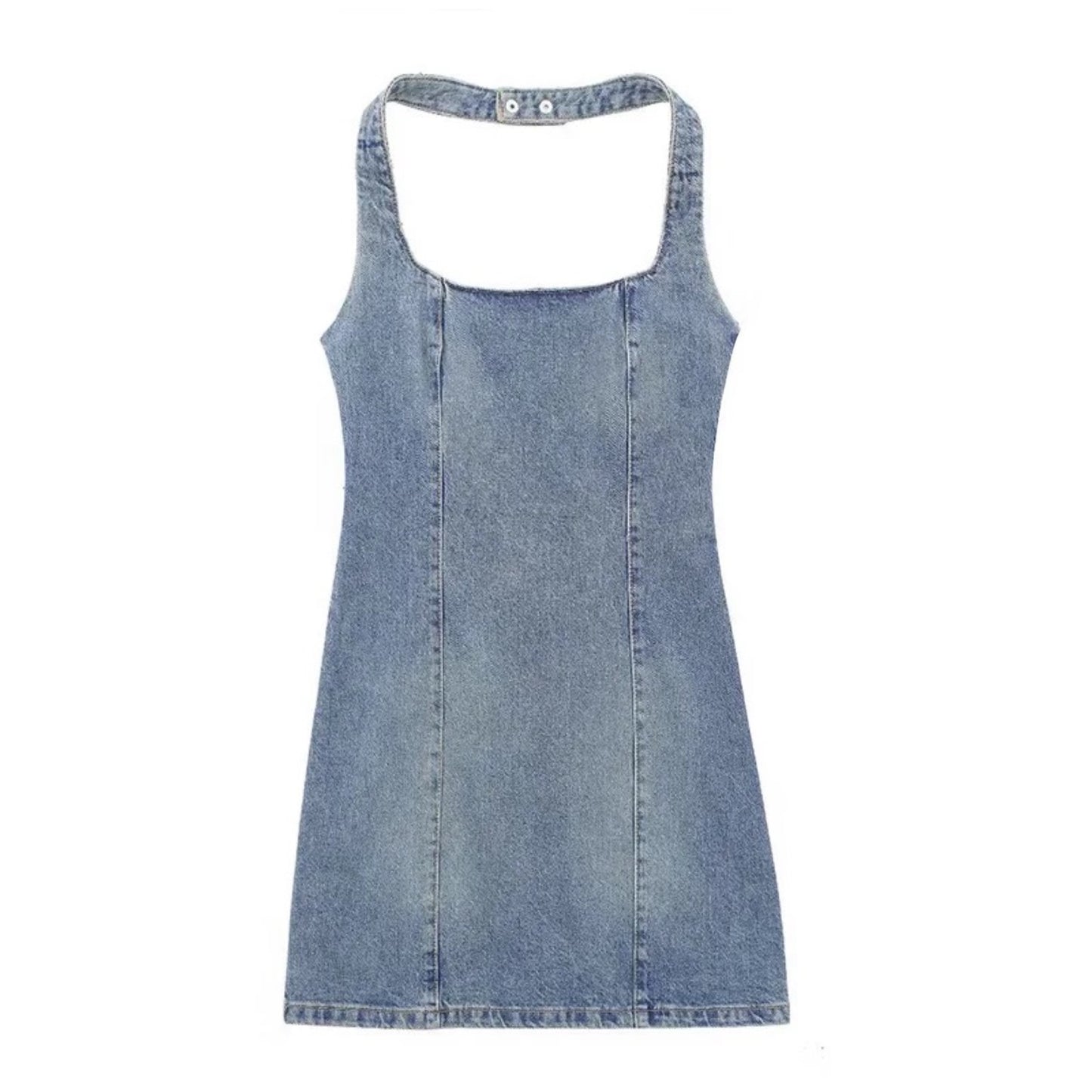 light-bleach-wash-blue-faded-distressed-vintage-retro-slim-fit-bodycon-cinched-waist-sleeveless-spaghetti-strap-square-neckline-backless-open-back-halter-denim-jean-short-mini-dress-women-ladies-teens-tweens-chic-trendy-spring-2024-summer-casual-feminine-western-y2k-cocktail-party-sexy-date-night-out-club-wear-90s-minimalist-minimalism-office-siren-stockholm-style-zara-revolve-aritzia-reformation-dupe