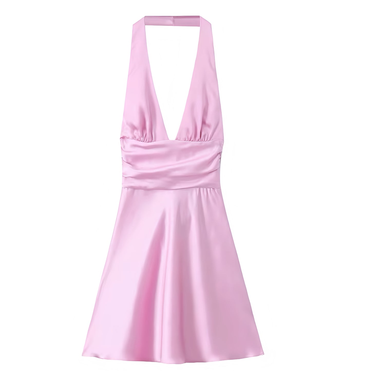Light Pink Satin Bow Drop Waist Backless Halter Mini Dress