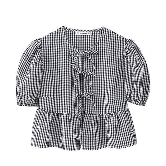 Black Gingham Bow Lace Up Short Puff Sleeve Camisole Blouse Top