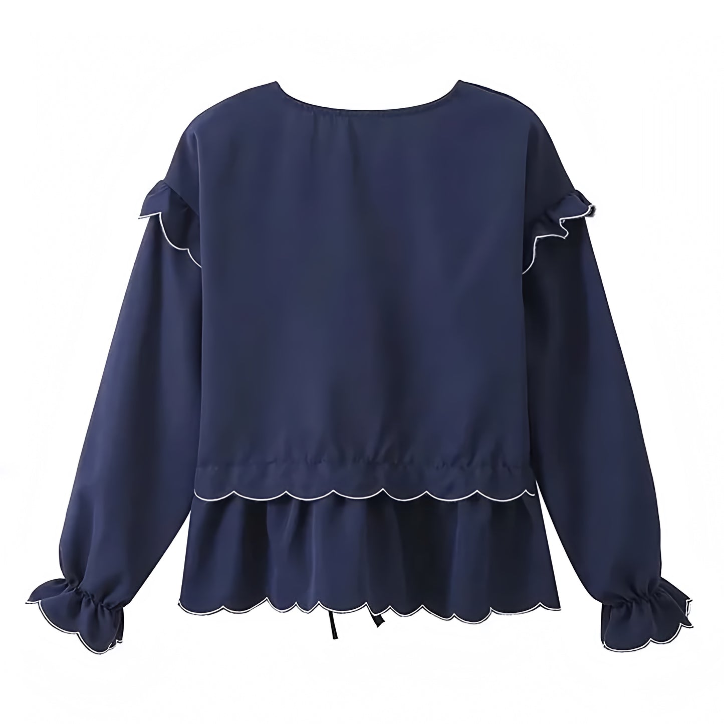 Navy Blue Bow Lace-Up Ruffle Trim V-Neck Long Sleeve Blouse Top