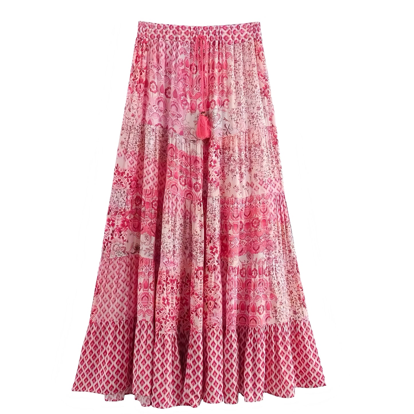 floral-print-pink-white-multicolor-flower-geometric-patchwork-patterned-slim-fit-low-mid-rise-waisted-draw-string-fitted-waist-tiered-linen-flowy-boho-bohemian-hippie-midi-long-maxi-skirt-women-ladies-chic-trendy-spring-2025-summer-casual-feminine-semi-formal-preppy-style-tropical-vacation-beach-wear-australia-international-shipping