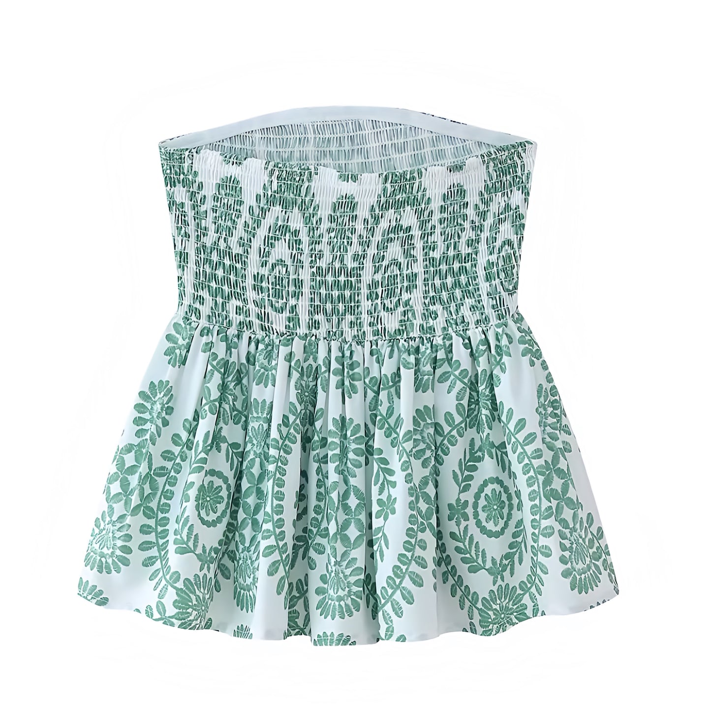 Dark Green Floral Embroidered Smocked Strapless Camisole Top