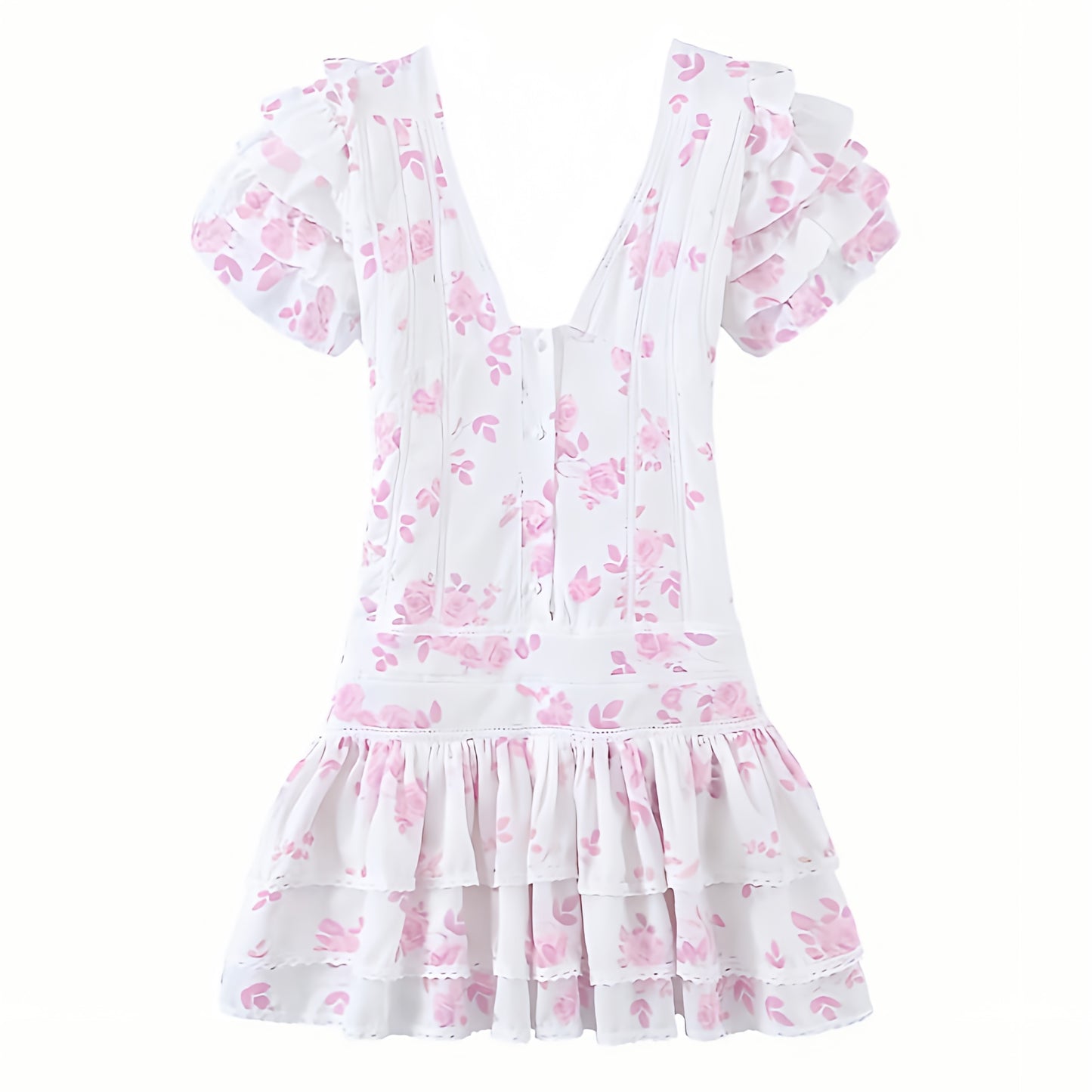 floral-print-light-pink-and-white-rose-flower-patterned-layered-ruffle-lace-trim-corset-bodycon-button-down-v-neck-short-puff-sleeve-drop-waist-mini-dress-women-ladies-chic-trendy-spring-2024-summer-elegant-semi-formal-classy-feminine-preppy-style-prom-party-debutante-coquette-sundress-loveshackfancy-altard-state-hello-molly-revolve-hill-house-dupe