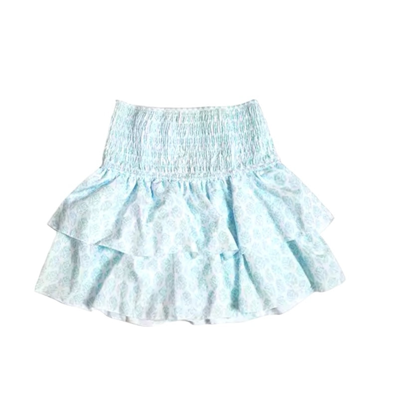 Light Blue Floral Patterned Layered Ruffle Smocked Tiered Mini Skirt