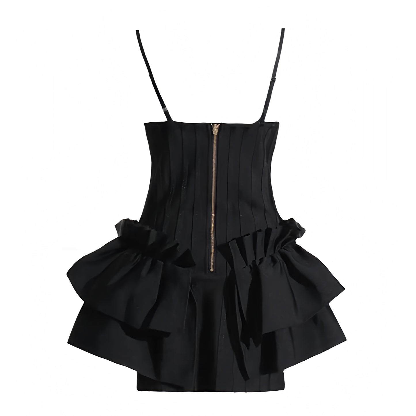 black-slim-fit-bodycon-corset-bustier-fitted-waist-layered-ruffle-drop-waist-spaghetti-strap-sleeveless-backless-open-back-sweetheart-neckline-short-mini-dress-evening-gown-couture-women-ladies-chic-trendy-spring-2024-summer-elegant-semi-formal-classy-feminine-gala-prom-paris-style-parisian-french-european-date-night-sexy-club-cocktail-party-sundress-zara-revolve-reformation-house-of-cb-princess-polly-babyboo-white-fox