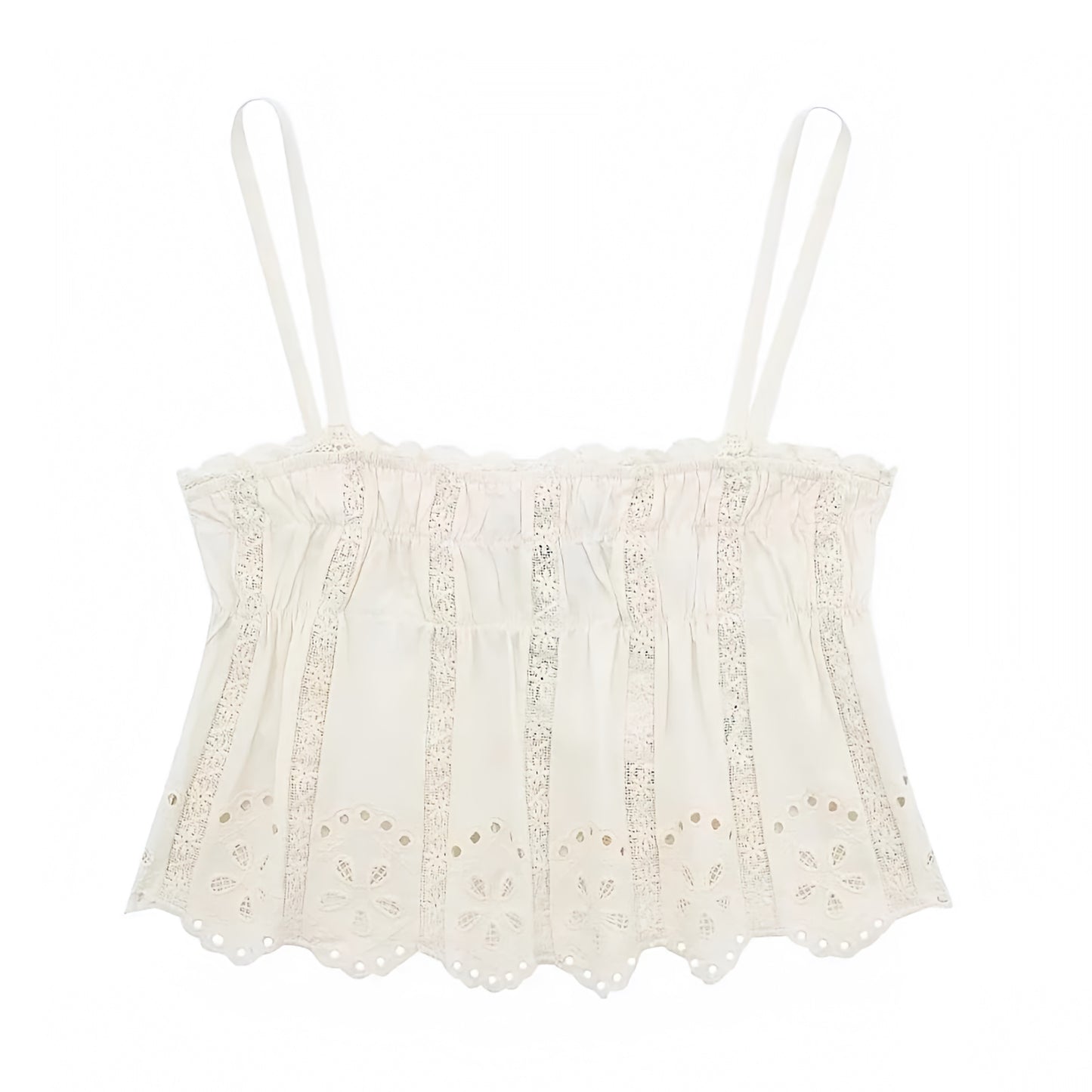 Light Beige Eyelet Embroidered Lace Trim Spaghetti Strap Crop Tank Top