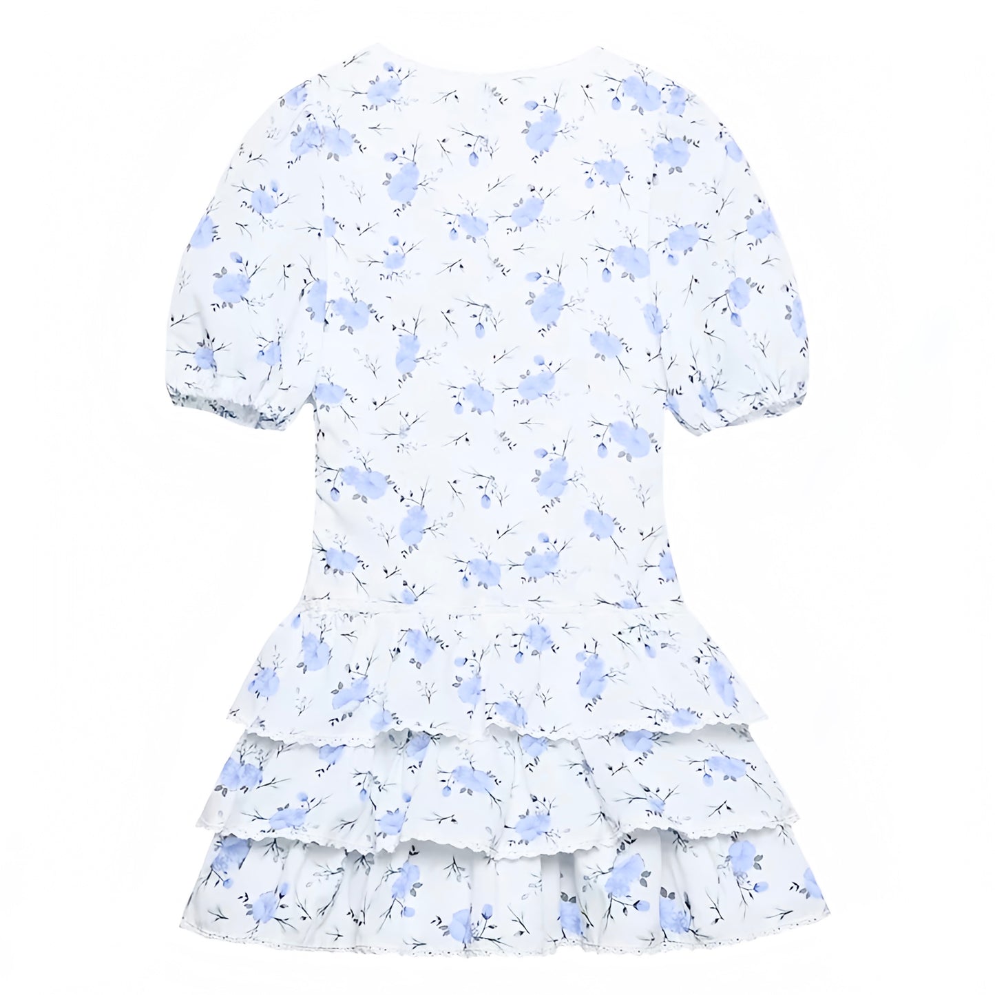 August Blue Floral Print Layered Ruffle V-Neck Puff Sleeve Mini Dress