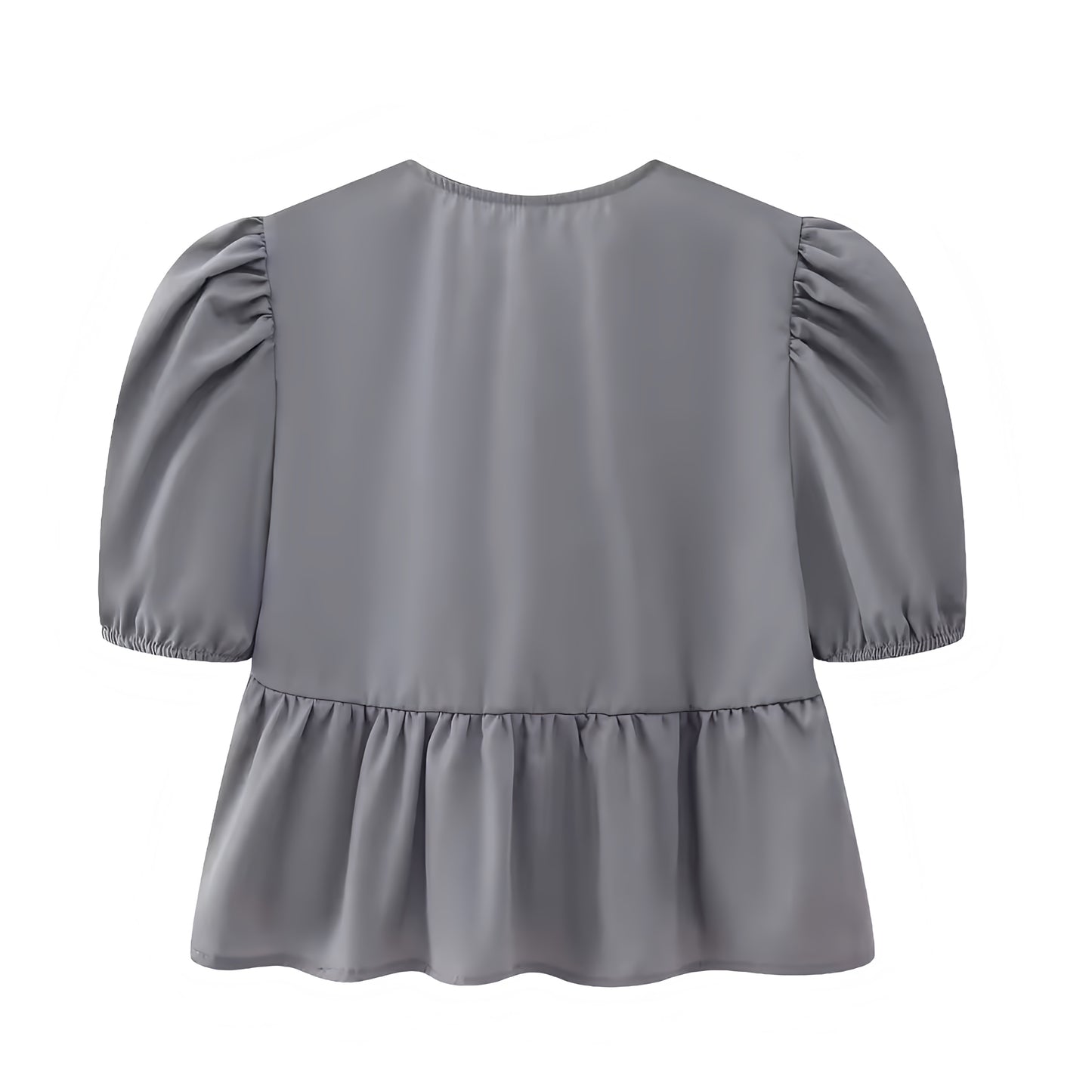 Dark Grey Bow Lace Up Short Puff Sleeve Camisole Blouse Top