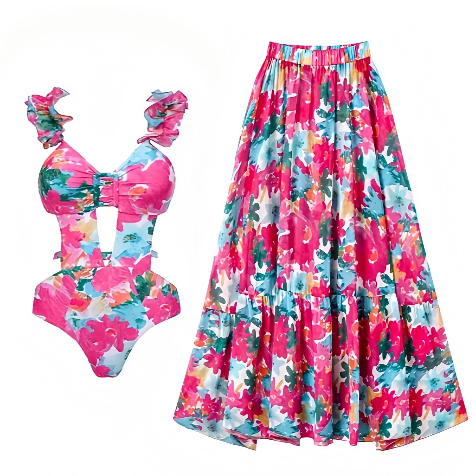 Saint Lucia Ruffle Sleeves One Piece Swimsuit & Cover Skirt