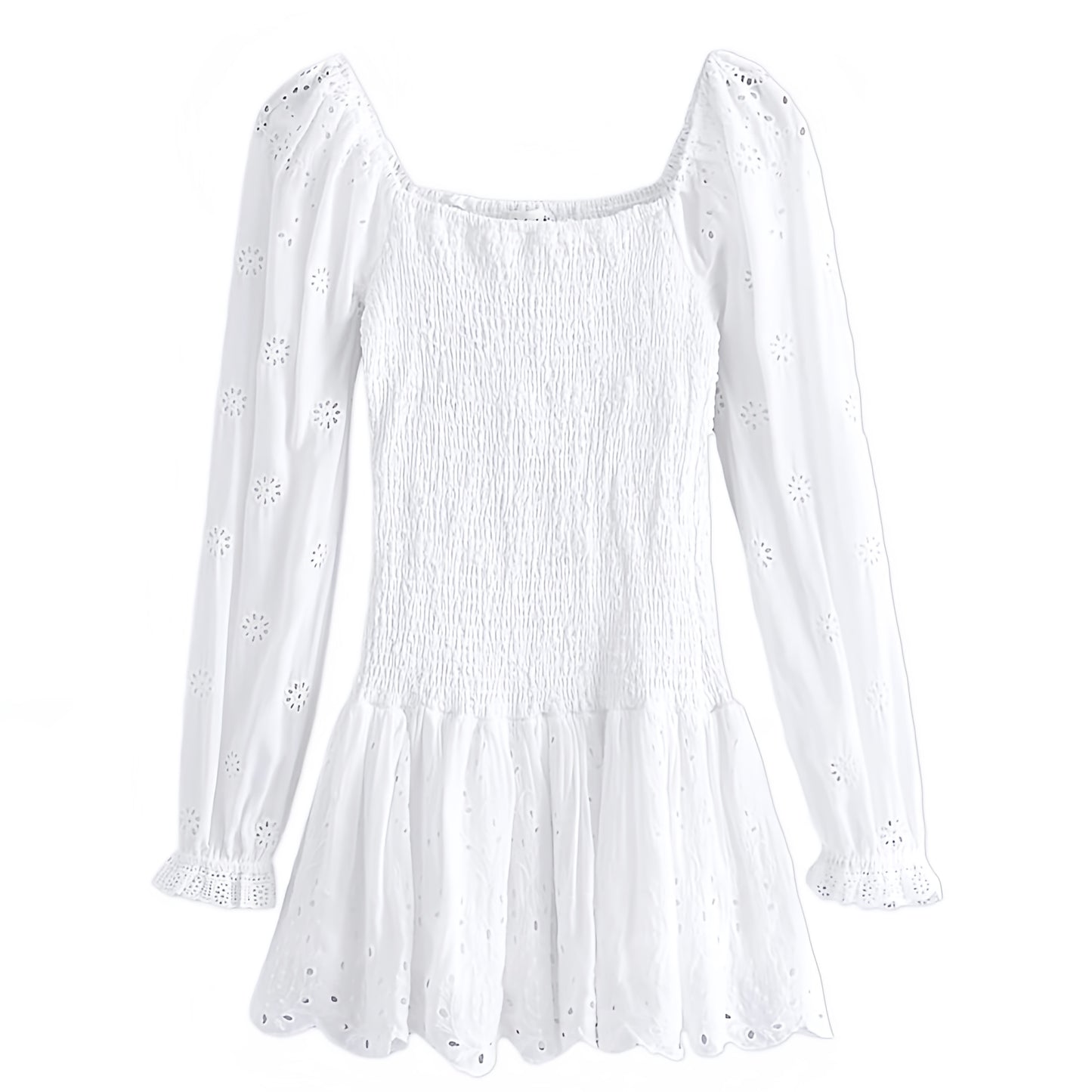 Anastasia White Eyelet Embroidered Layered Ruffle Smocked Long Sleeve Mini Dress
