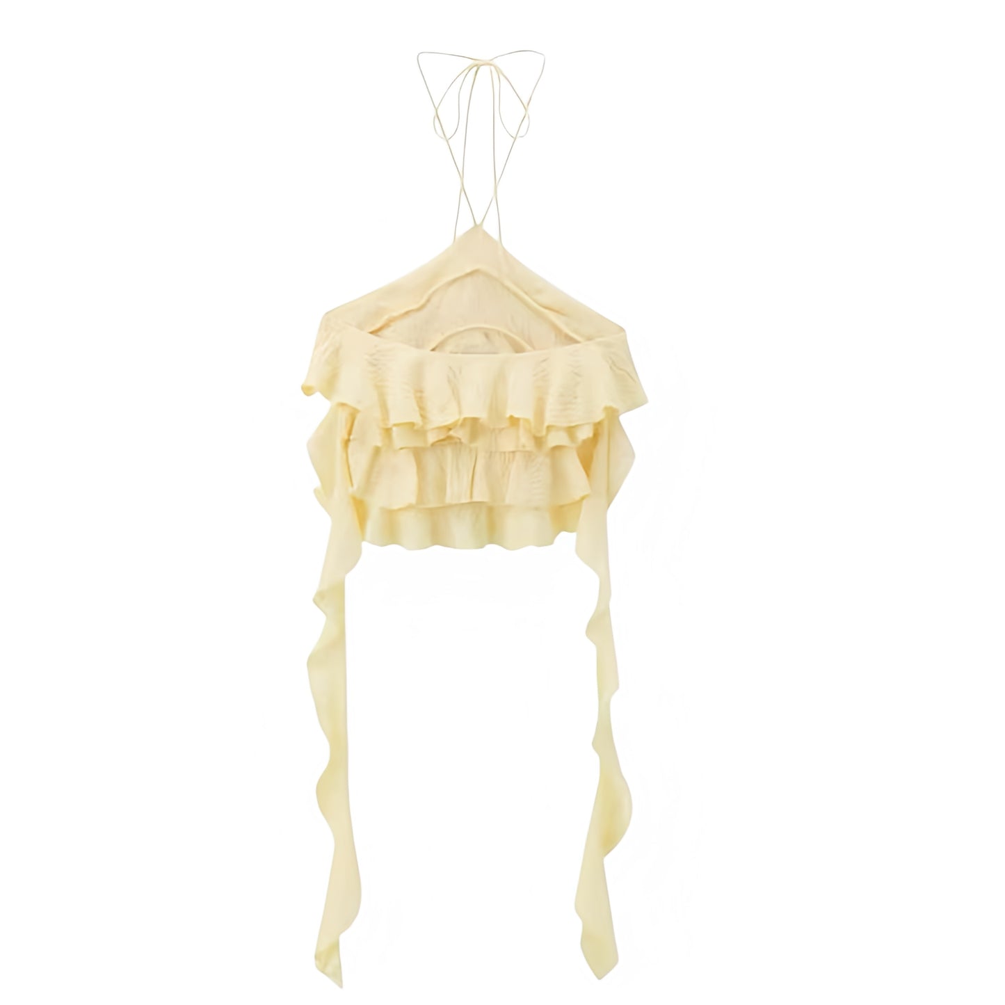 Yellow Layered Ruffle Trim Flowy Backless Halter Top