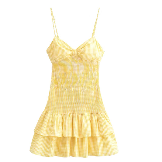 Yellow Gingham Smocked Layered Ruffle Trim Spaghetti Strap Backless Mini Dress