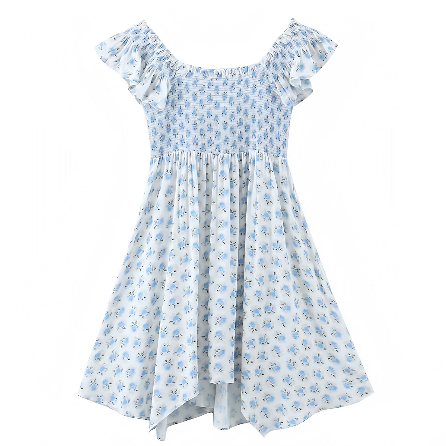 floral-print-light-blue-and-white-flower-patterned-layered-ruffle-trim-smocked-slim-fit-bodycon-drop-waist-v-neck-short-puff-sleeve-flowy-babydoll-mini-dress-women-ladies-chic-trendy-spring-2024-summer-elegant-casual-semi-formal-feminine-prom-party-preppy-style-coastal-granddaughter-beach-vacation-sundress-revolve-loveshackfancy-zimmerman-hill-house-nap-dupe