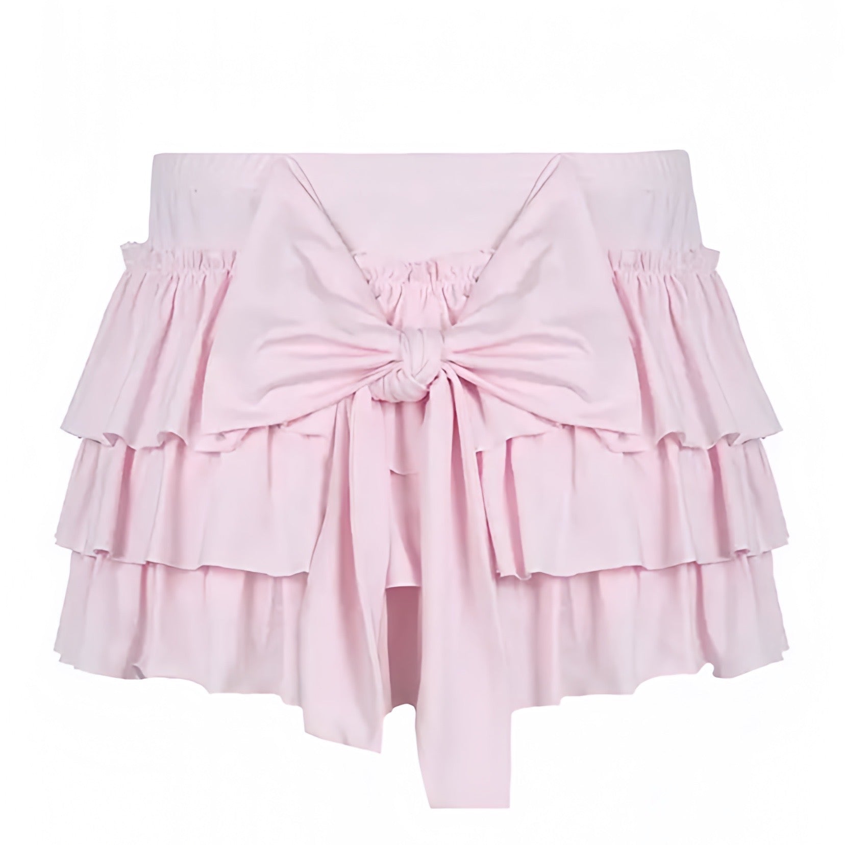 Light Pink Bow Layered Ruffle Trim Fitted Waist Low Rise Mini Skirt