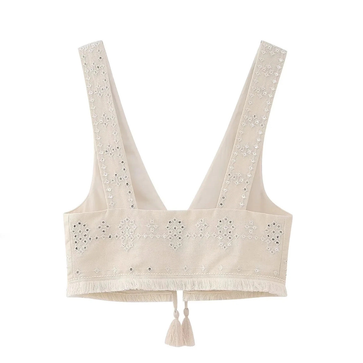 Light Beige Sequin Embroidered Fringe Trim V-Neck Sleeveless Crop Tank Top
