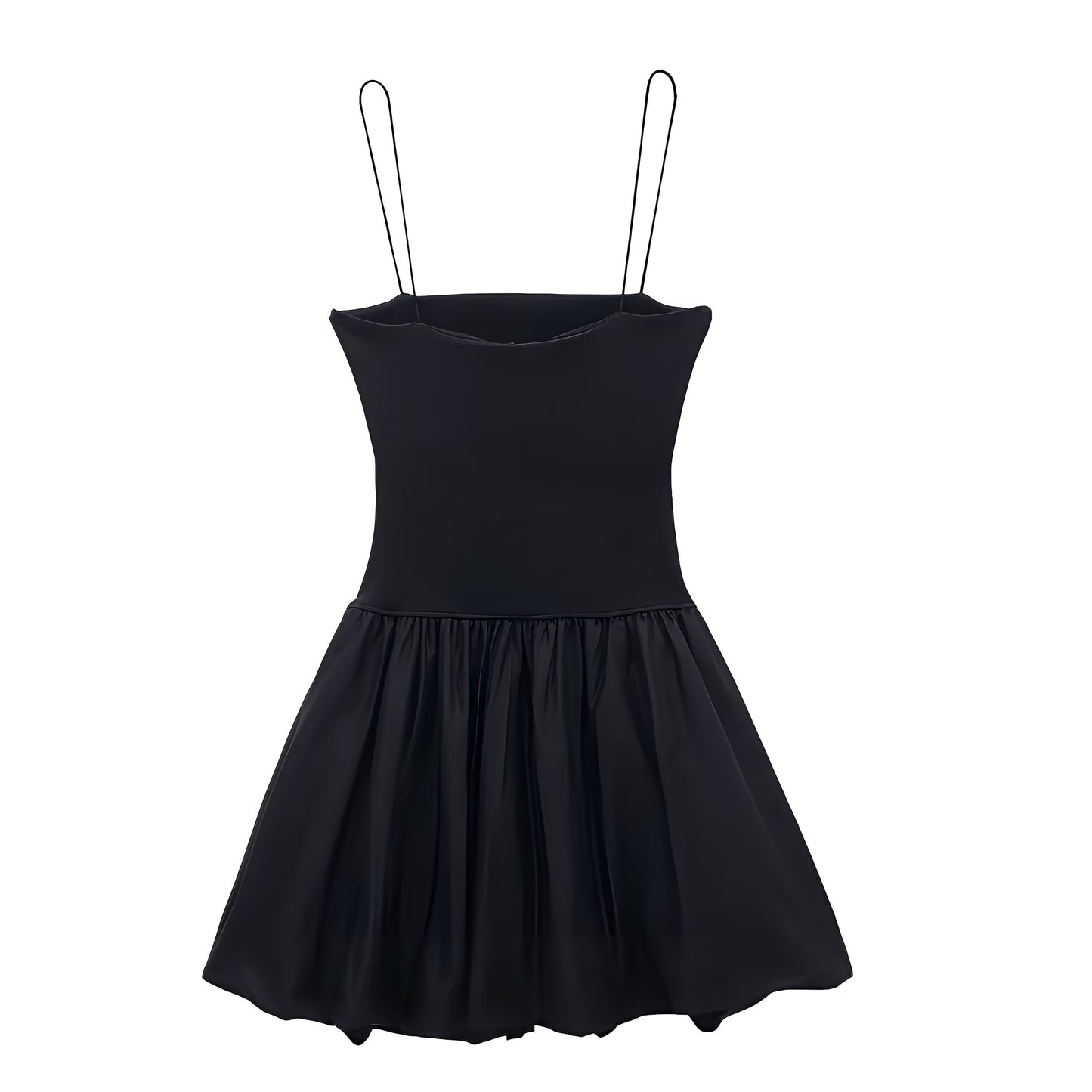 Black Slim Fit Spaghetti Strap Ruffled Drop Waist Mini Dress
