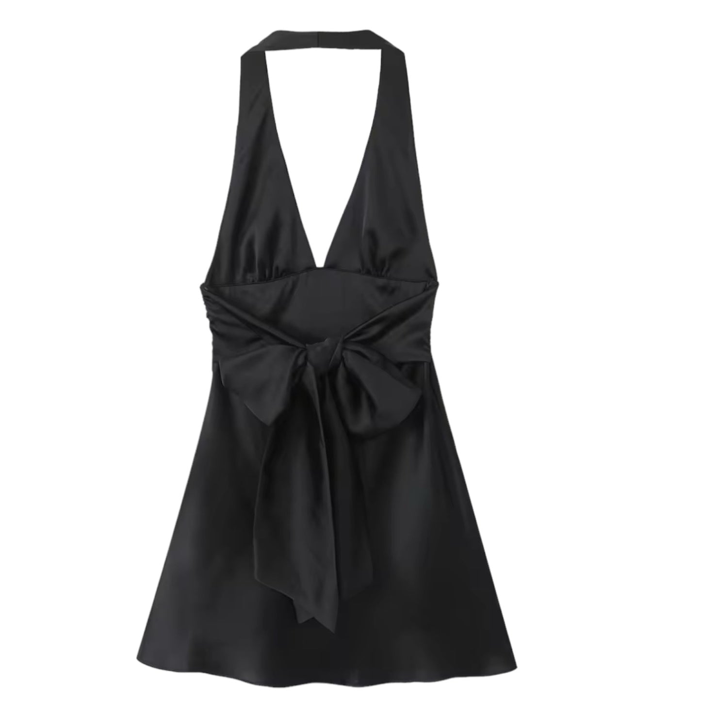 Black Satin Bow Drop Waist Backless Halter Mini Dress