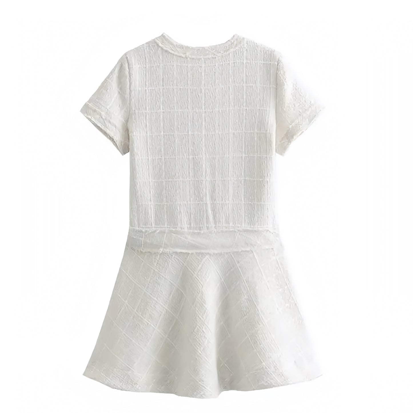 Ivory Plaid Tweed Gold Button-Down Short Sleeve Mini Dress