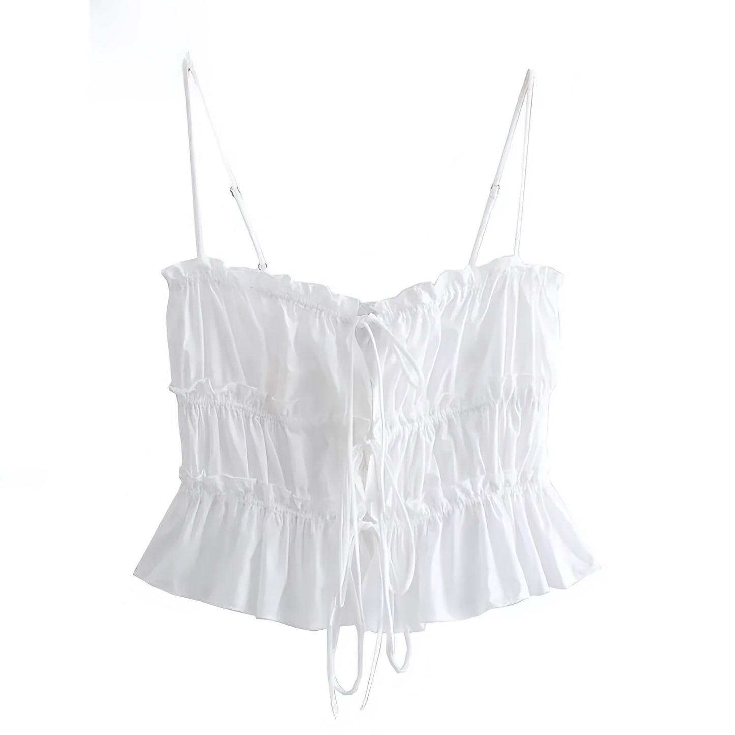 White Slim Lace-Up Corset Ruffle Trim Spaghetti Strap Crop Top