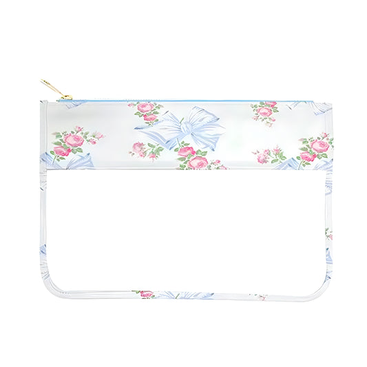 Blue Floral Bow Print Clear Makeup Pouch