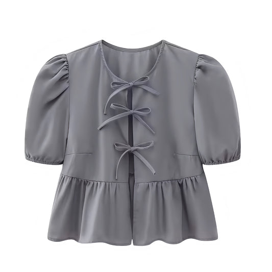 Dark Grey Bow Lace Up Short Puff Sleeve Camisole Blouse Top