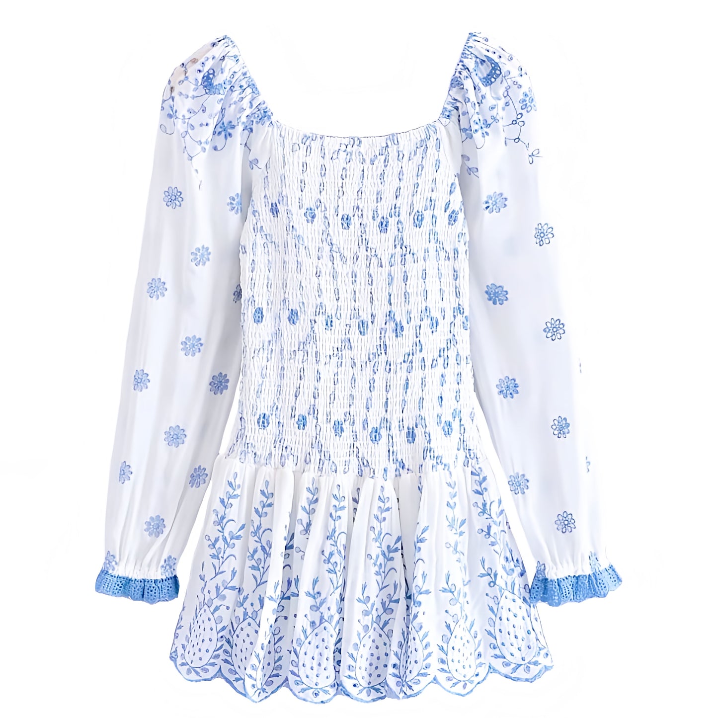Nerissa Light Blue Floral Eyelet Embroidered Long Sleeve Smocked Mini Dress