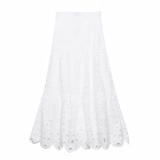 White Eyelet Embroidered Ruffle Mid-Rise Maxi Skirt