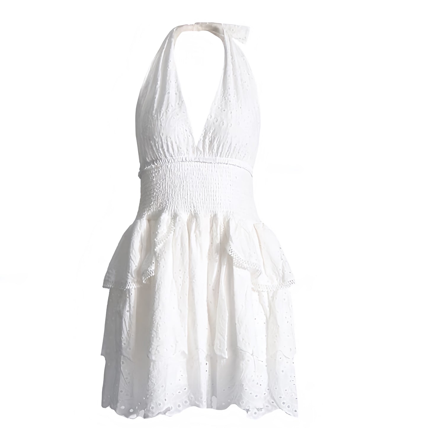 White Eyelet Embroidered Smocked Layered Ruffle Drop Waist Halter Mini Dress