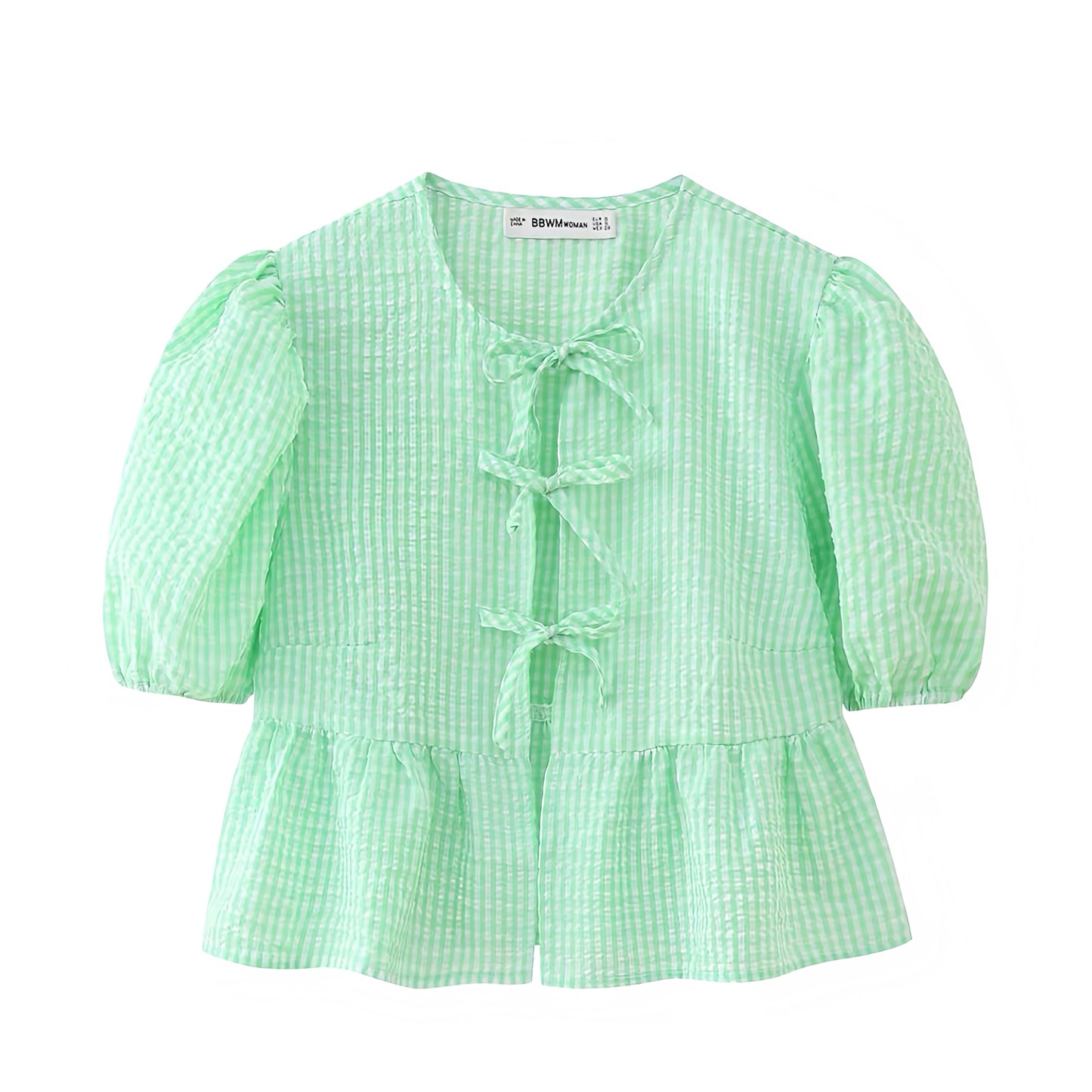 Mint Green Gingham Bow Lace Up Short Puff Sleeve Camisole Blouse Top