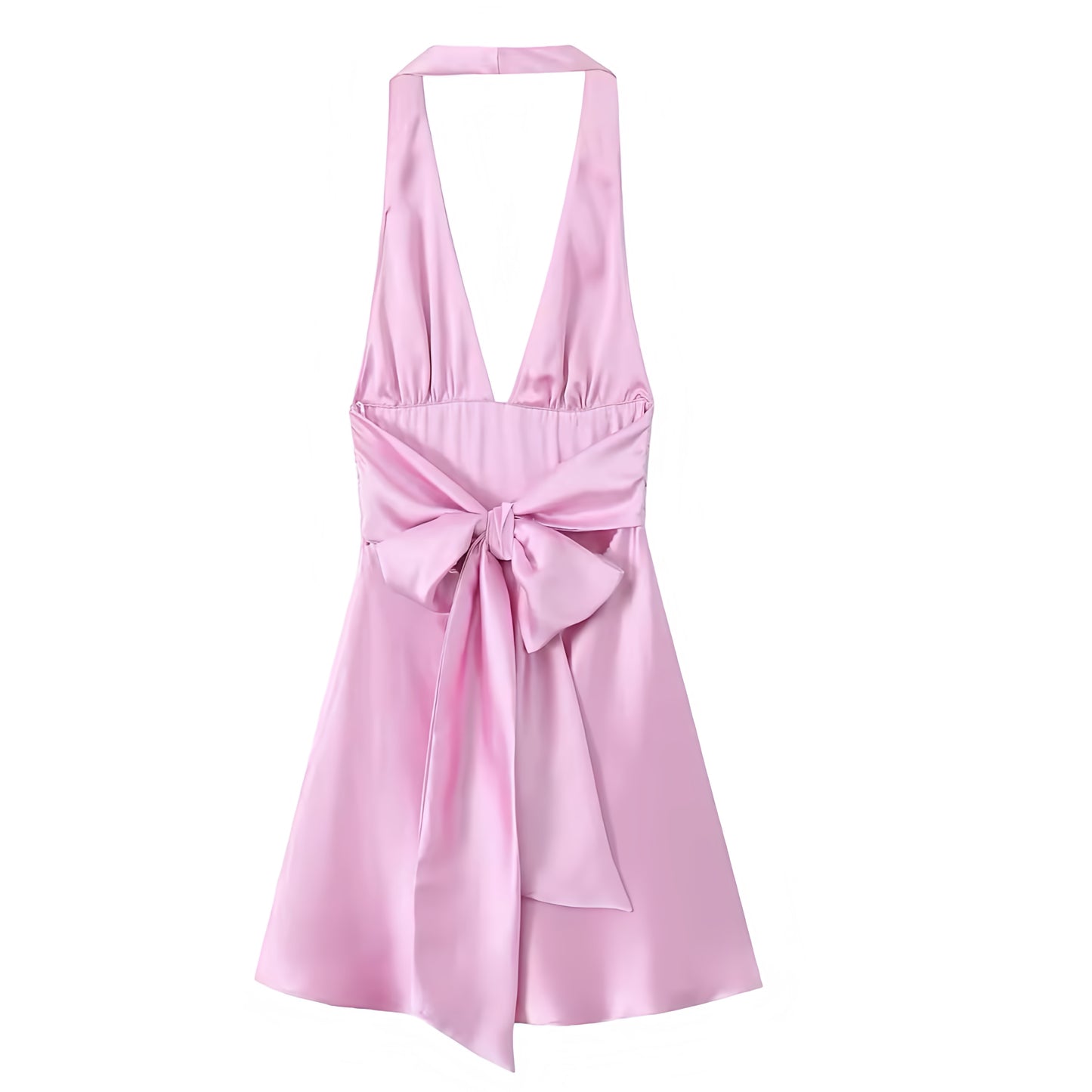 Light Pink Satin Bow Drop Waist Backless Halter Mini Dress