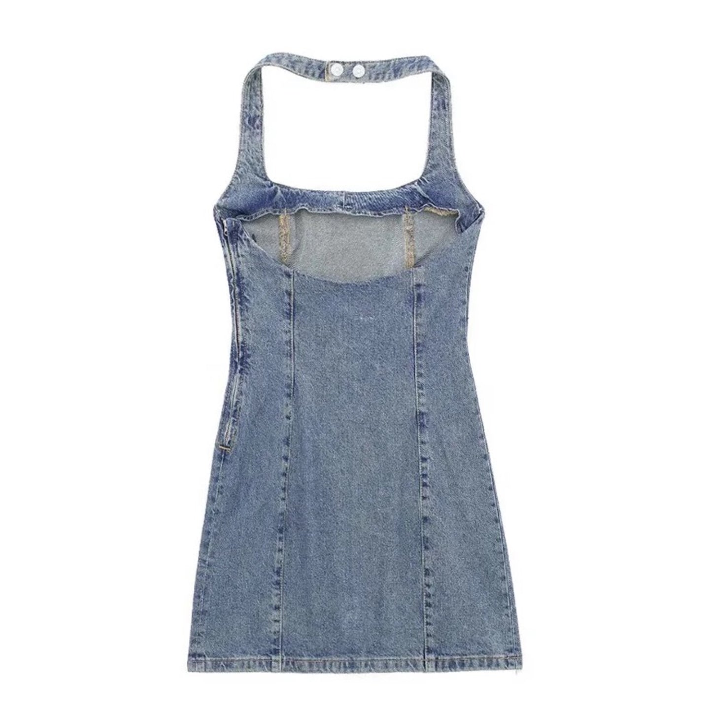 light-bleach-wash-blue-faded-distressed-vintage-retro-slim-fit-bodycon-cinched-waist-sleeveless-spaghetti-strap-square-neckline-backless-open-back-halter-denim-jean-short-mini-dress-women-ladies-teens-tweens-chic-trendy-spring-2024-summer-casual-feminine-western-y2k-cocktail-party-sexy-date-night-out-club-wear-90s-minimalist-minimalism-office-siren-stockholm-style-zara-revolve-aritzia-reformation-dupe