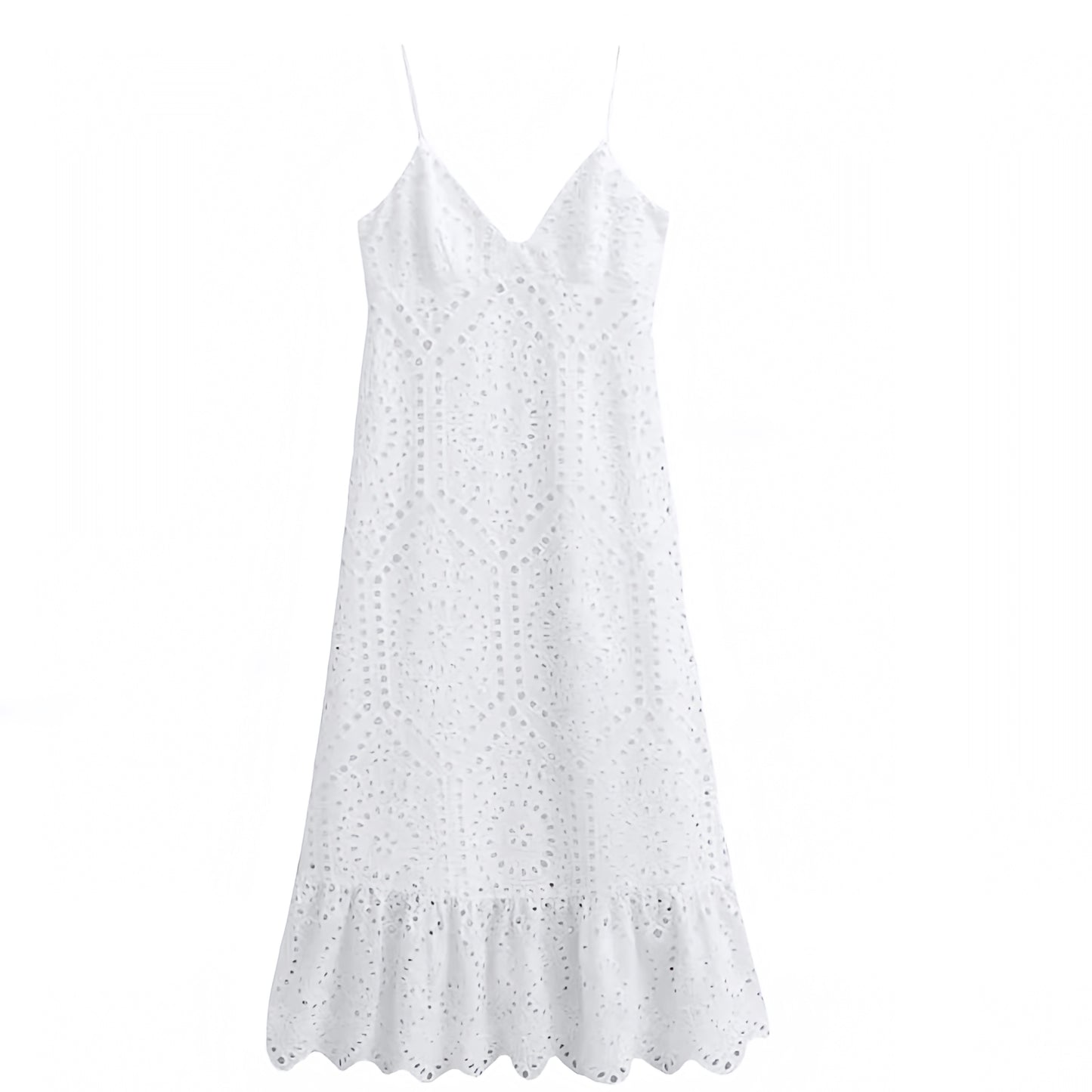 White Eyelet Embroidered Ruffle Trim Spaghetti Strap Backless Maxi Dress