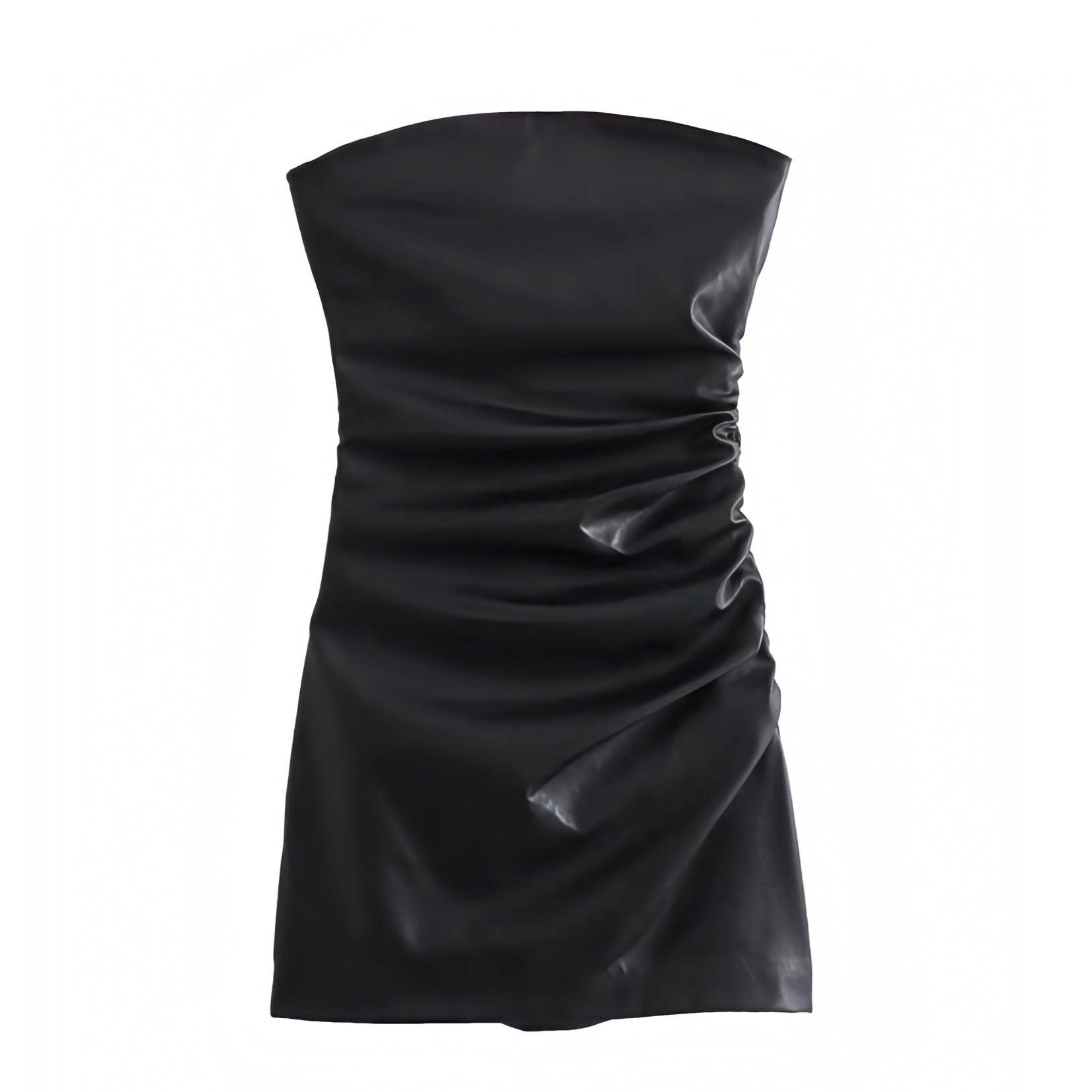 Ladies Black Faux Leather Bodycon Slim Fit Ruched Strapless Mini Dress Dazey Hill Ladies Black Faux Leather Bodycon Slim Fit Ruched Strapless Mini Dress Dazey Hill