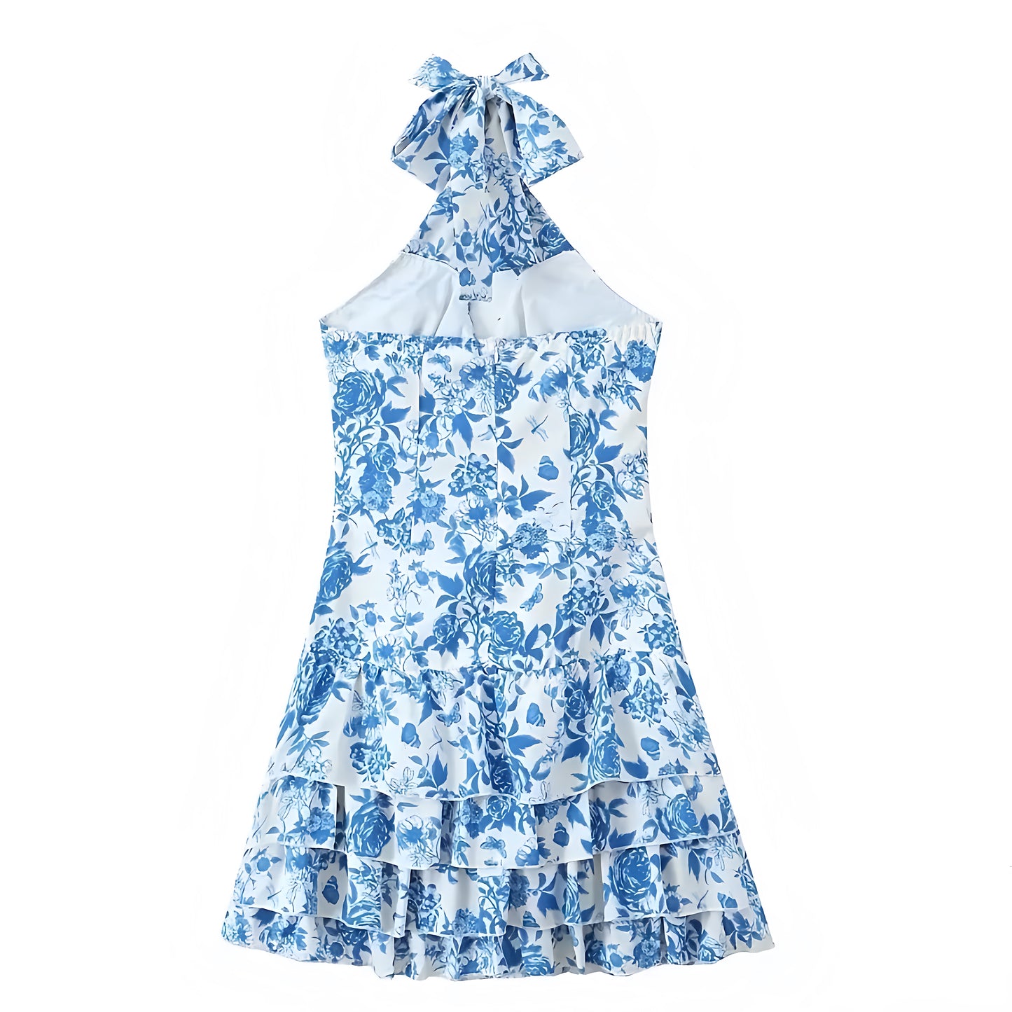 Blue Floral Print Bodycon Layered Ruffle Drop Waist Sleeveless Halter Mini Dress